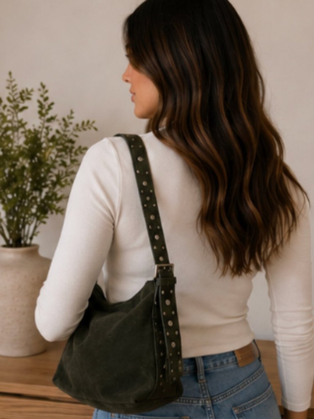 Olive Green Suede Studded Shoulder Bag Boho Hobo Purse